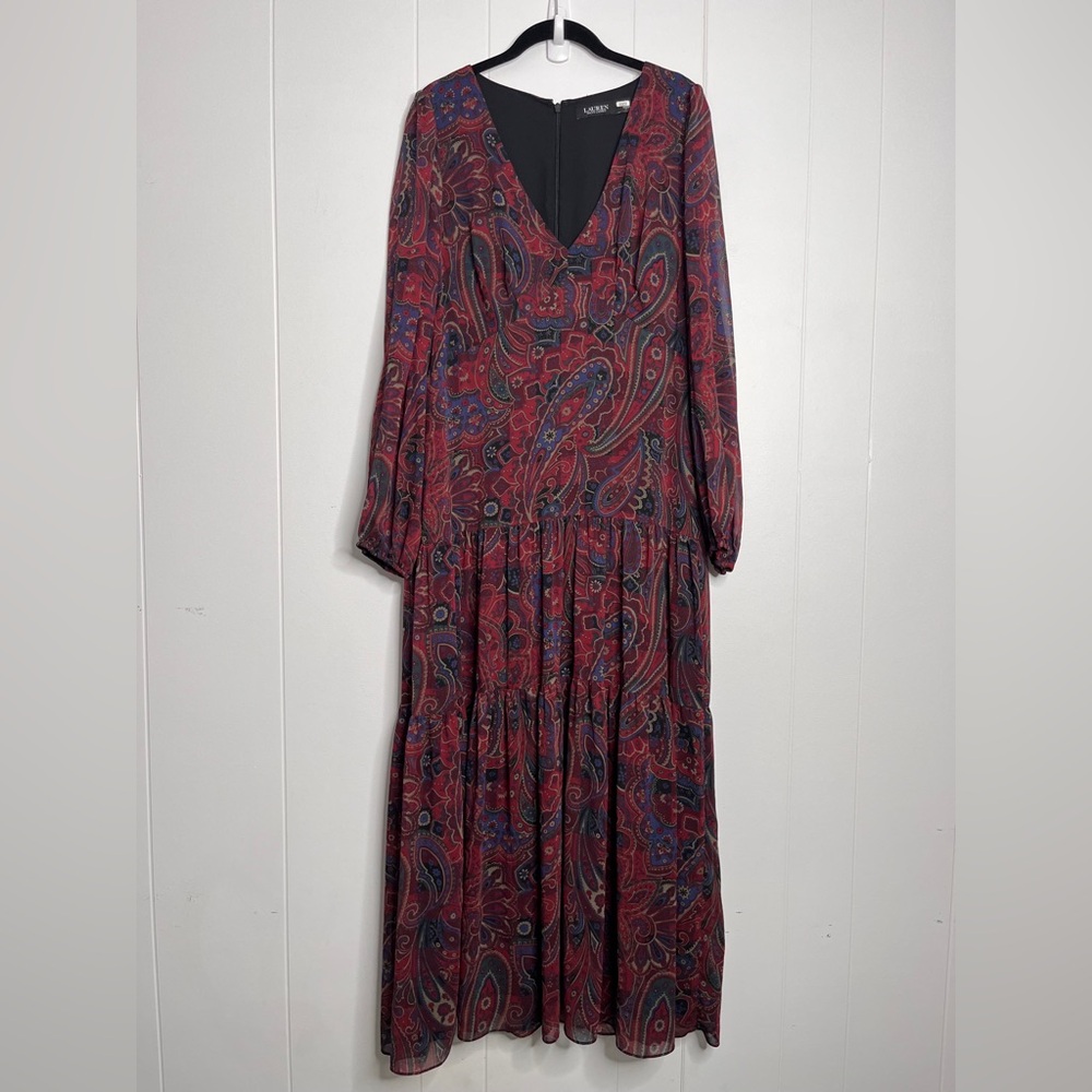 Ralph Lauren Burgundy Paisley Long Sleeve Maxi Dress